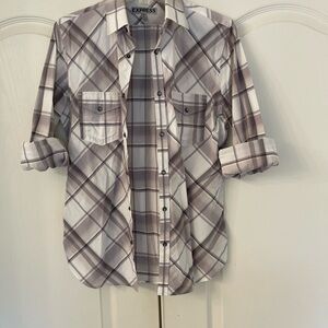 Express Men's Casual Plaid Shirt - Taupe and Cream